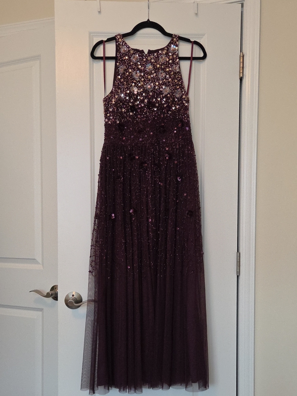 Adrianna Papell Deep Plum Beaded Tulle Maxi Dress